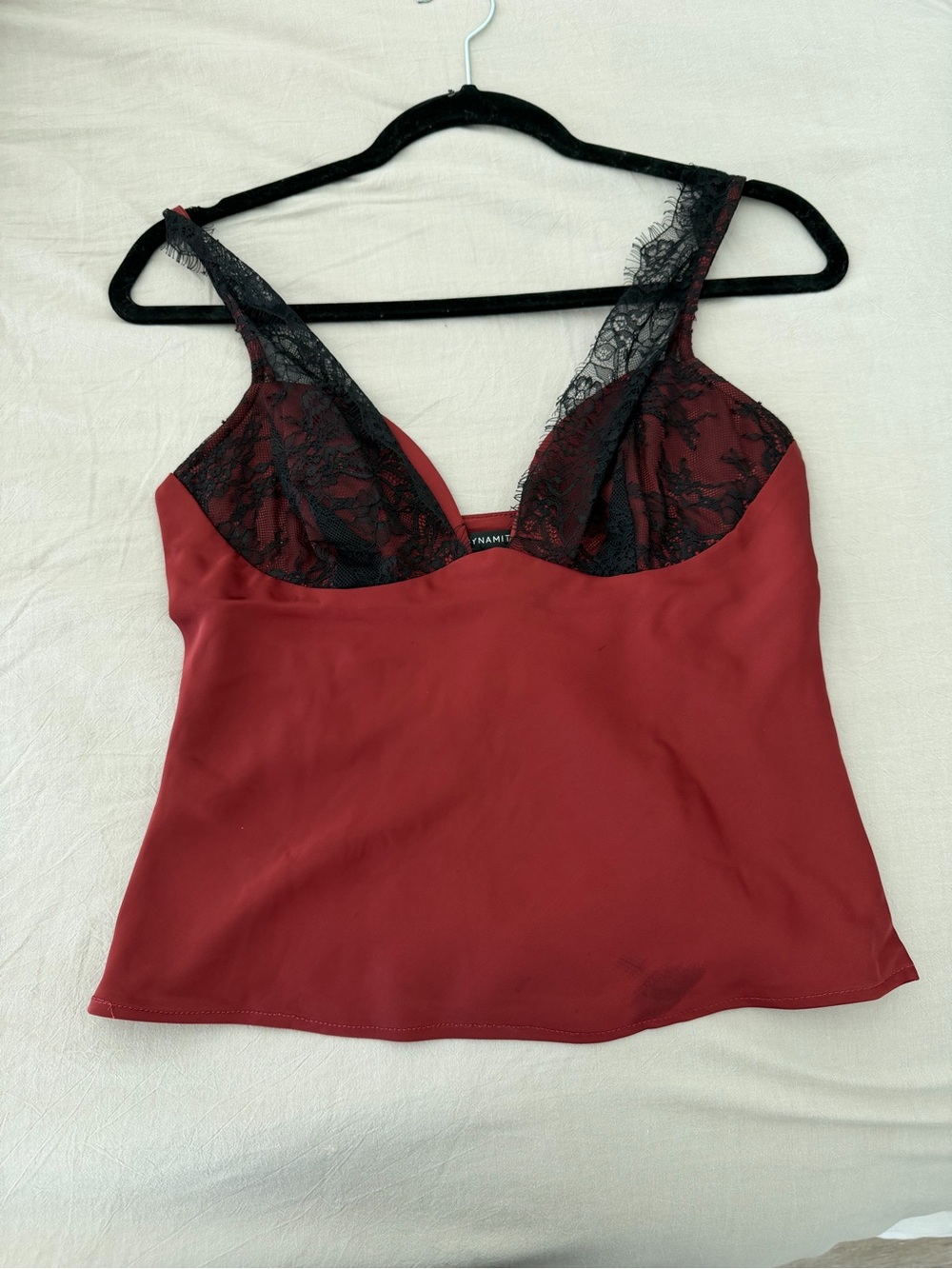 Dynamite Red Satin Cami Tank with Black Lace